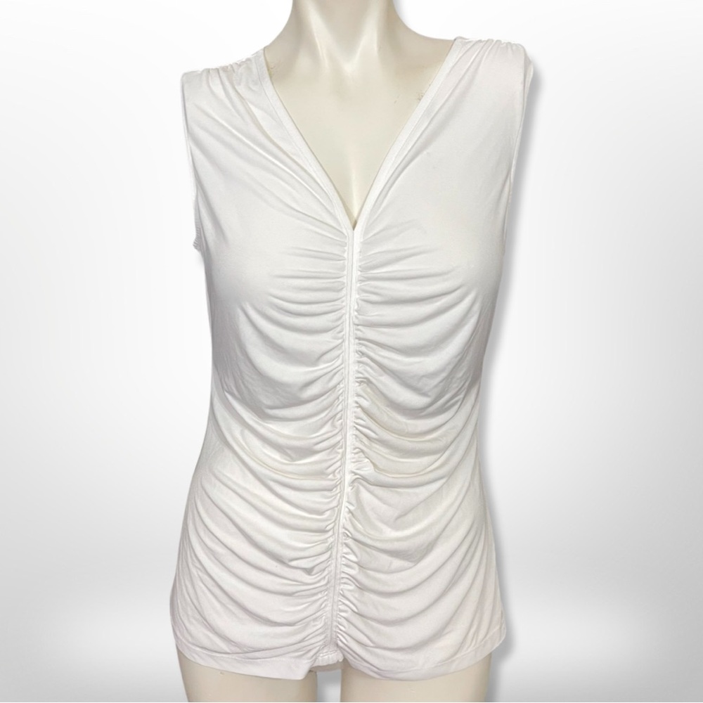 New York & Company Women’s Soft Sleeveless Ruched White V-Neck Top M
